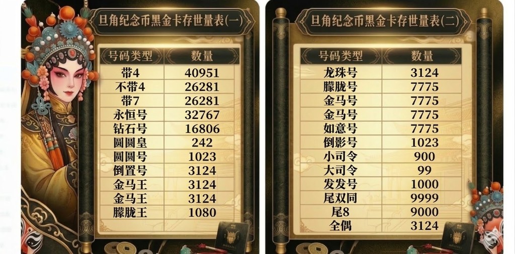 旦角纪念币黑金卡各号码类型存世量统计表，钻石号、圆圆号、倒置号、朦胧王等数据